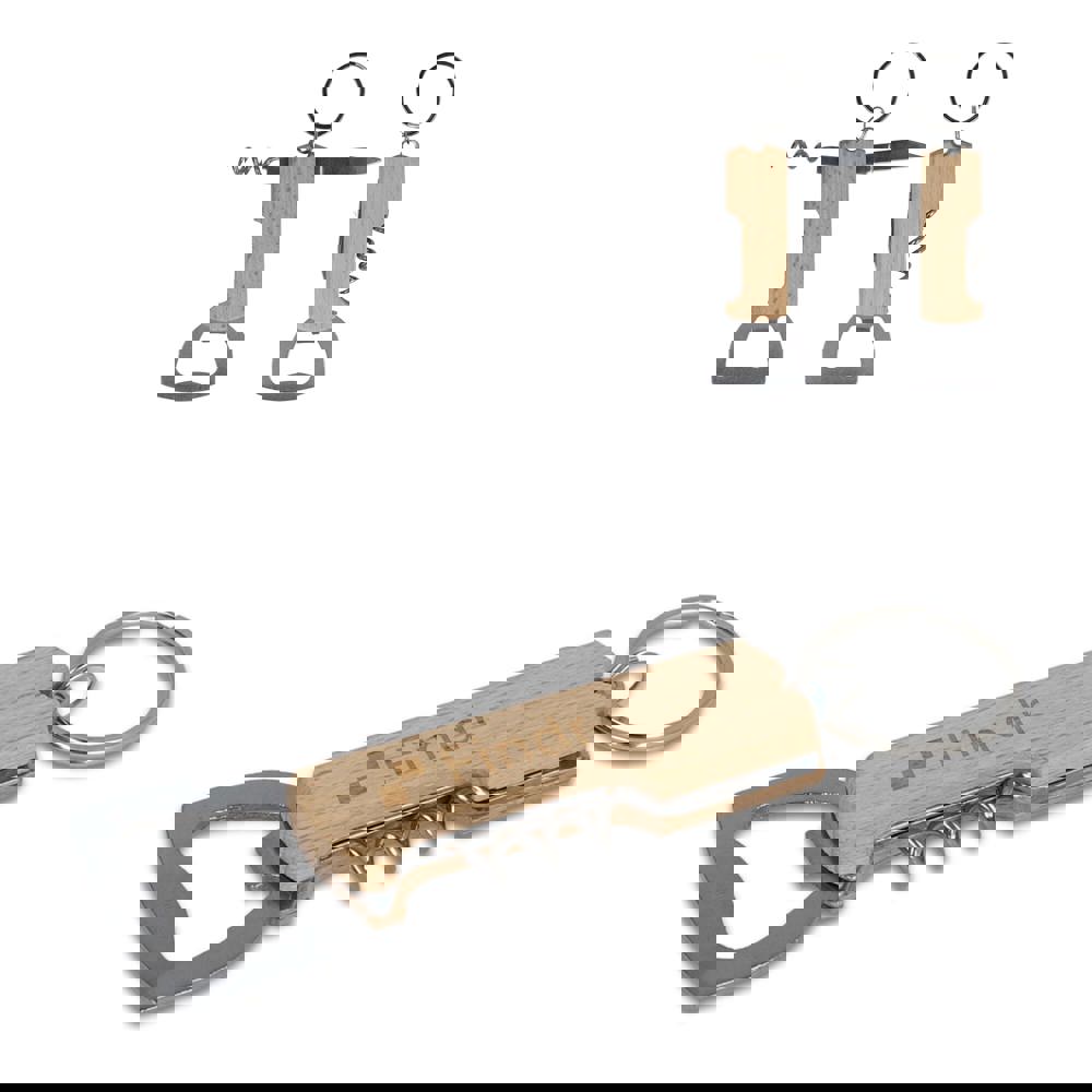 Bamboe wijn &amp; flesopener sleutelhanger