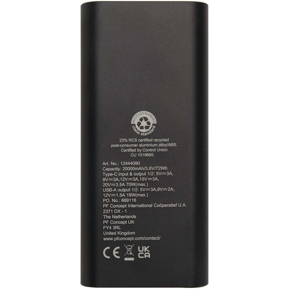 Acamar powerbank van 20.000 mAh 70 W voor laptops van gerecycled aluminium