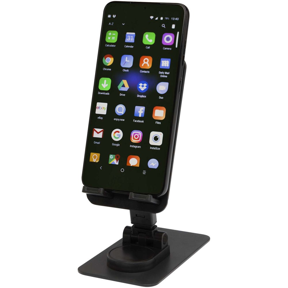 Alhena opvouwbare telefoonhouder van gerecycled plastic met metalen bureaustandaard