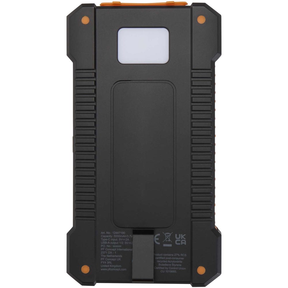 Altair robuuste powerbank op zonne-energie van 5000 mAh 10 W met ingebouwde zaklamp van gerecycled plastic