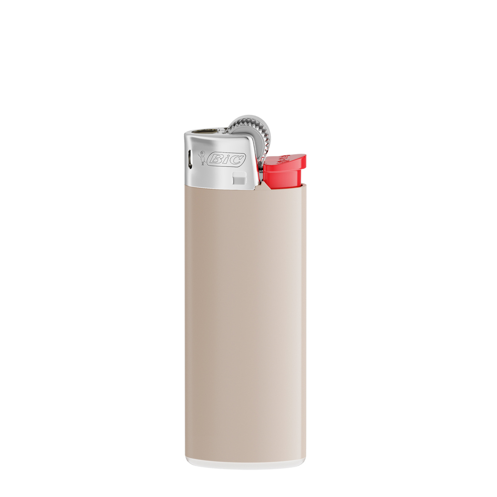 BIC® J25 Standaard aansteker - Warm grijze houder - witte basis - rood drukknopje - chroomkap