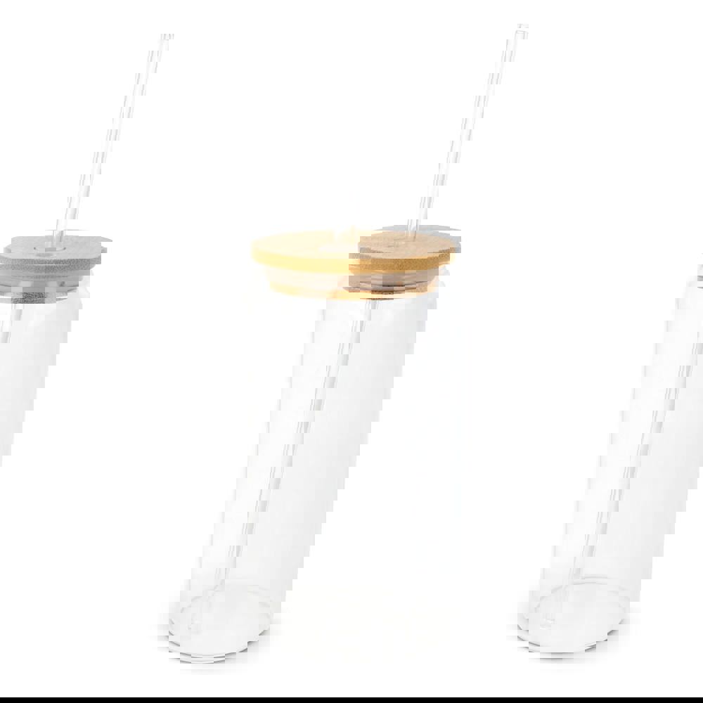 Glas met bamboe deksel &amp; rietje 450 ml