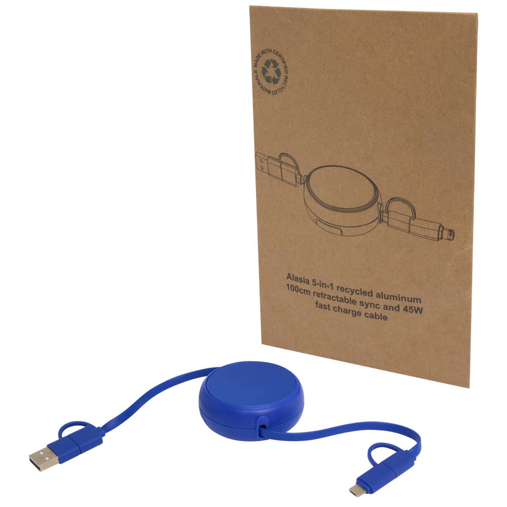 Alasia 5-in-1 100 cm intrekbare datasynchronisatie- en 45 W snellaadkabel van gerecycled plastic en aluminium - Koningsblauw